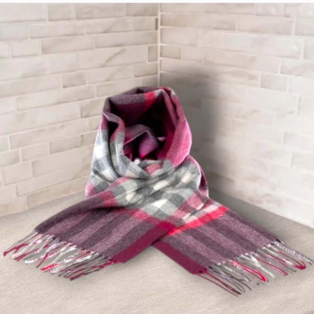 Scarf CASHMERE & LAMBSWOOL RED GREY WHITE SCOTTISH IMPORT FINEST‎ QUALITY NWT